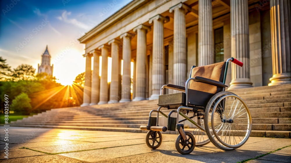 Fototapeta premium Sunny outdoor scene with a empty wheelchair positioned in front of a majestic stone columned building with a rolled up diploma lying on its seat.