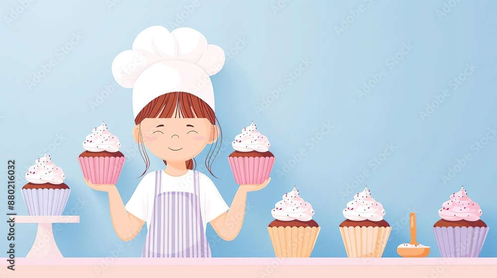 Cute girl baker with delicious cupcakes in paper cut style. Cute girl baker with delicious cupcakes in paper cut style.
