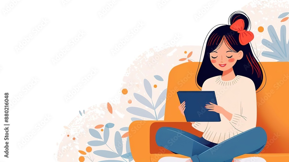 Woman relaxing on couch, using tablet, digital device, social media, technology Woman relaxing on couch, using tablet, digital device, social media, technology