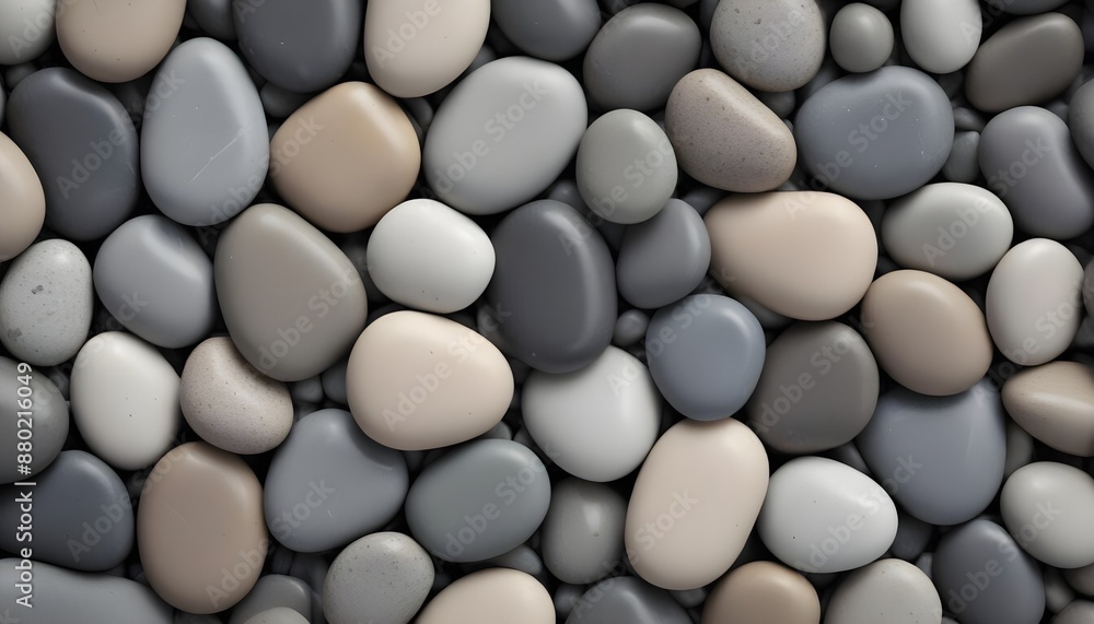 A close-up view of a collection of smooth, gray and beige river rocks A close-up view of a collection of smooth, gray and beige river rocks