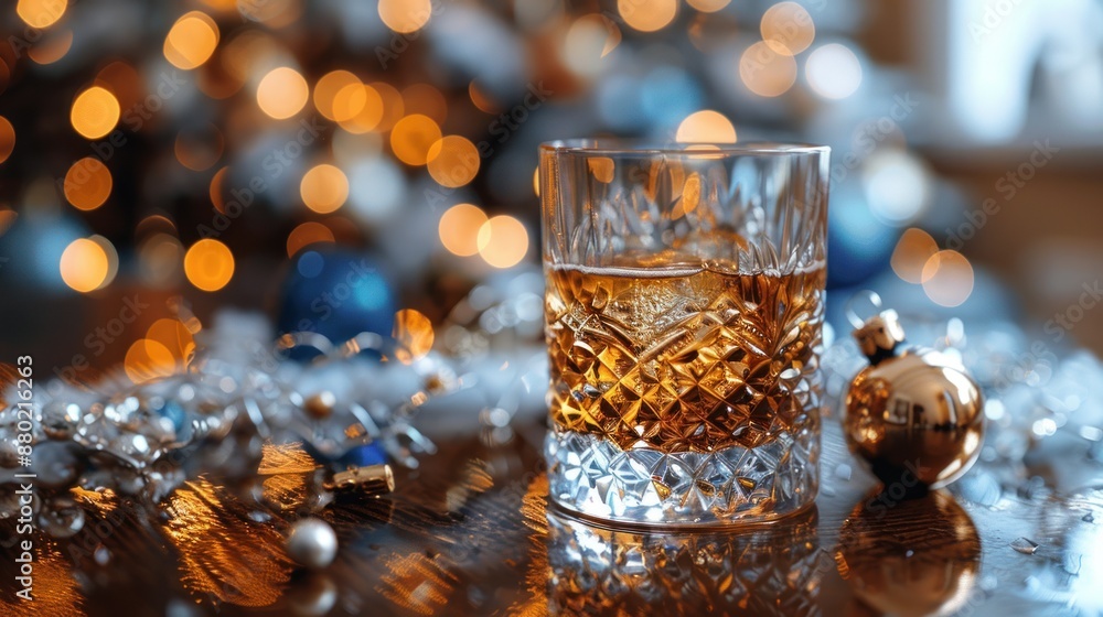 A glass of whiskey on a festive table A glass of whiskey on a festive table