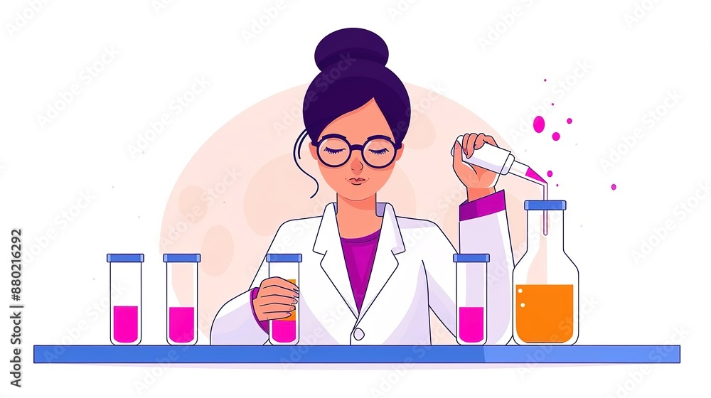 Female scientist in lab coat conducts experiment with test tubes and beakers. Female scientist in lab coat conducts experiment with test tubes and beakers.