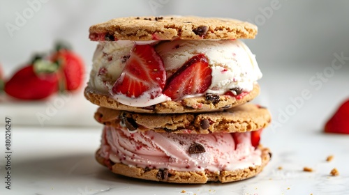 Strawberries and cream Cookie ice cream sandwich on a white background