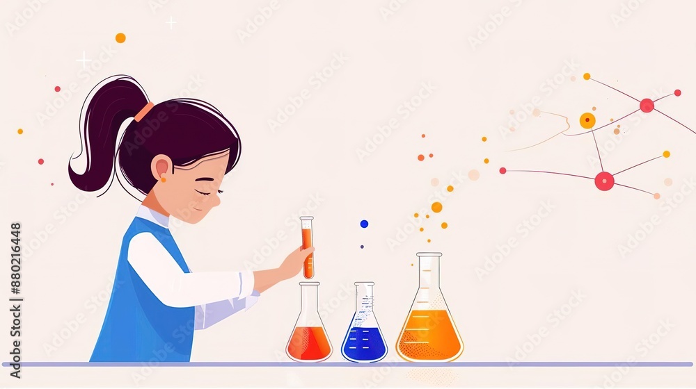 Young girl scientist conducting an experiment with beakers and test tubes. Young girl scientist conducting an experiment with beakers and test tubes.
