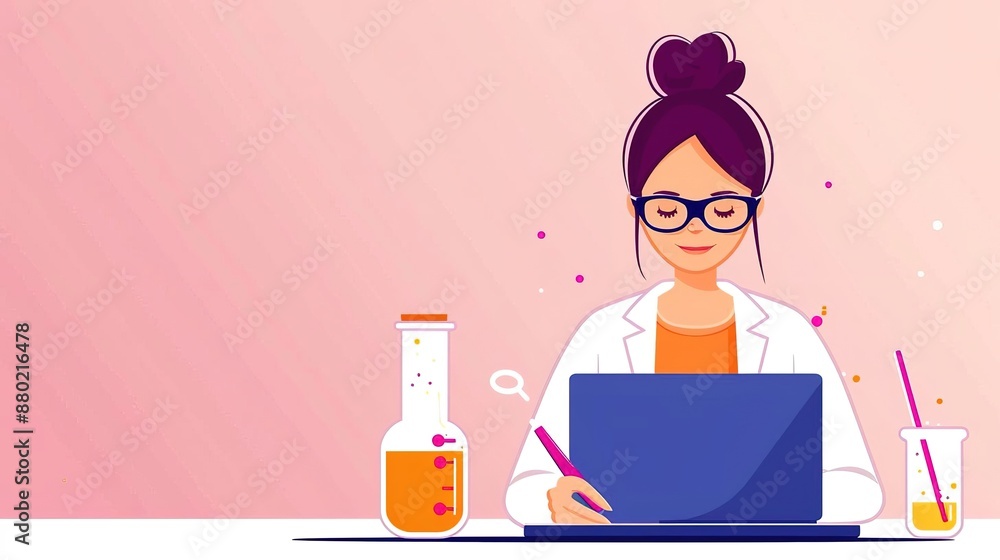 Female scientist working on laptop with lab equipment.