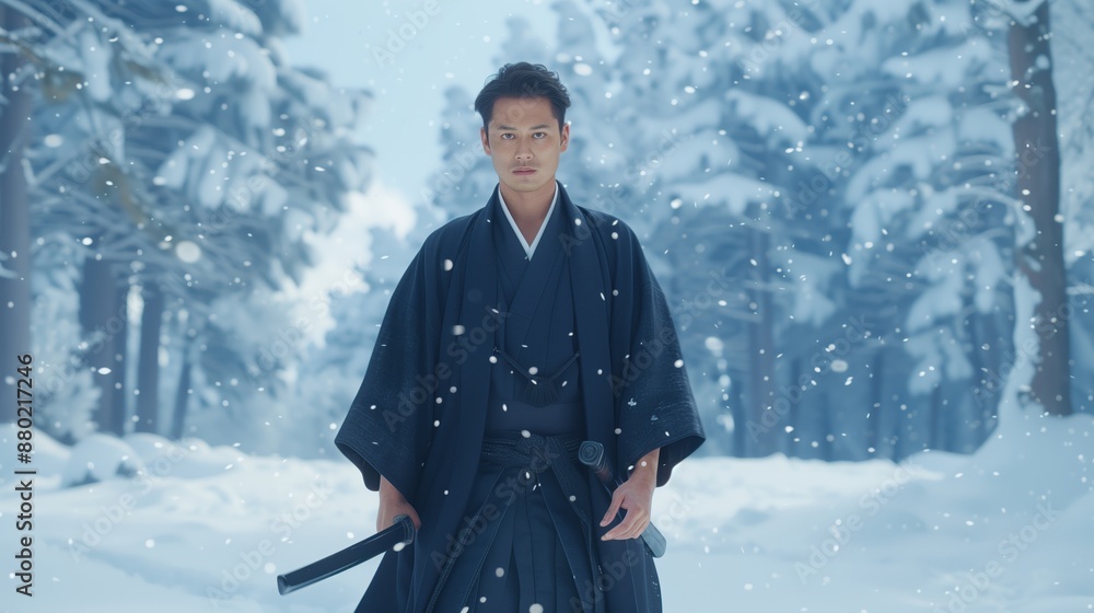 Samurai in Traditional Robes Standing in a Snowy Forest holding a katana, Samurai in Traditional Robes Standing in a Snowy Forest holding a katana,
