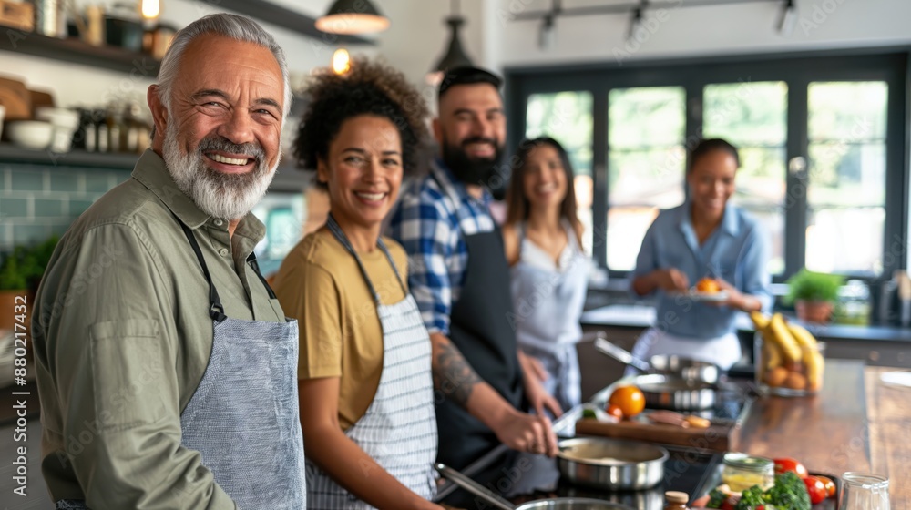 Joyful Middle-Aged Cooking Class: Happy Adults Learning Together in Bright Kitchen with Ingredients and Tools Joyful Middle-Aged Cooking Class: Happy Adults Learning Together in Bright Kitchen with Ingredients and Tools