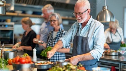 Middle-aged Couples Enjoying a Private Cooking Class in a Stylish Modern Kitchen, Learning New Recipes and Techniques with Copy Space for Text