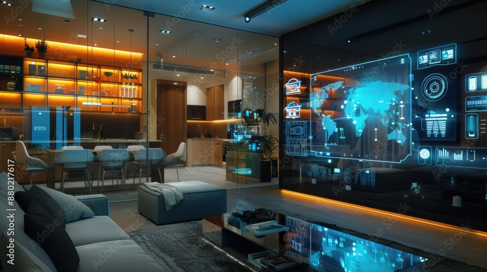 A high-tech smart home with voice-controlled gadgets, holographic displays A high-tech smart home with voice-controlled gadgets, holographic displays