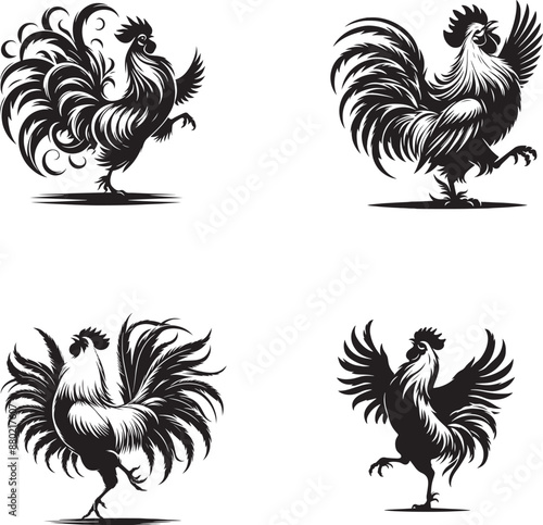 Chicken, Hen icons isolated on white and black backgrounds. Hen silhouette with grunge texture. Vintage poultry farm icon. Chicken template for meat store, grocery, butcher shop. Vector illustration