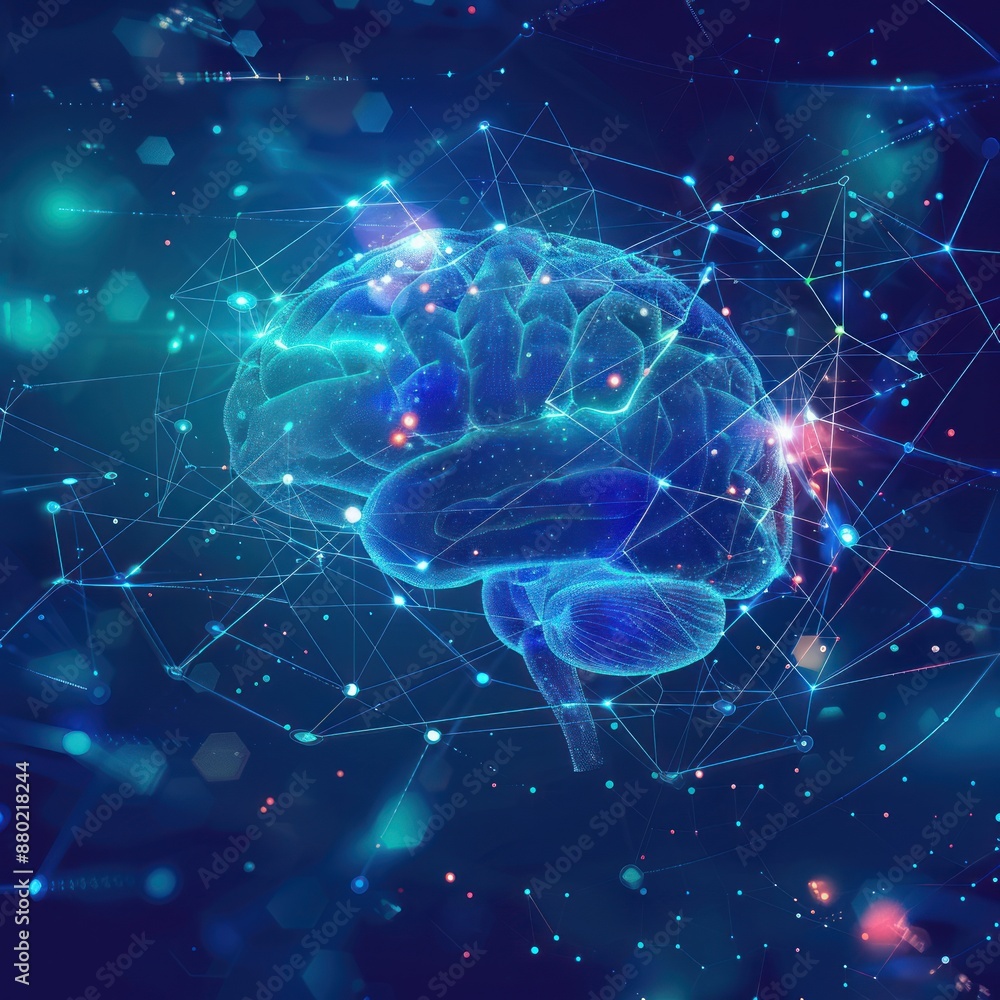 A brain is shown in a blue and green color scheme with a lot of lines A brain is shown in a blue and green color scheme with a lot of lines