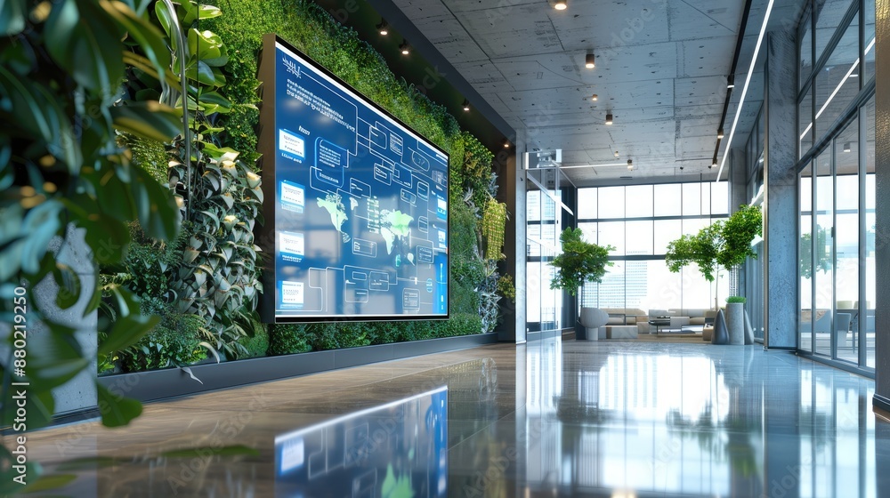 A corporate lobby with a large, interactive touch screen wall displaying company achievements, flanked by a green wall with evergreen plants A corporate lobby with a large, interactive touch screen wall displaying company achievements, flanked by a green wall with evergreen plants