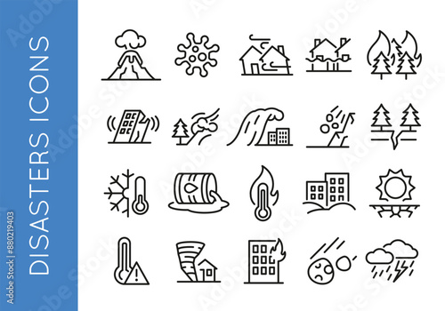 Disasters icons. Set of 20 disasters trendy minimal icons. Example: volcano, virus, flood, Tornado, fire icon. Design signs for web page, mobile app, packaging design. Vector illustration.