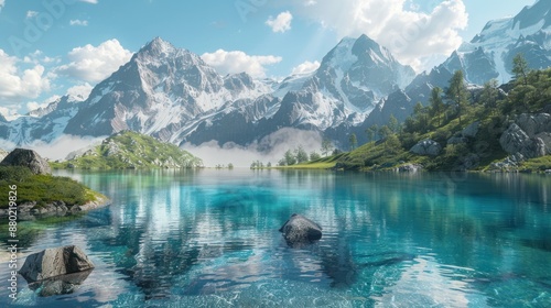 A beautiful mountain lake with a clear blue water