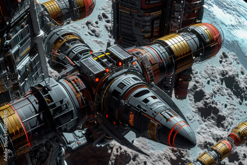 A spaceship docking at a space station