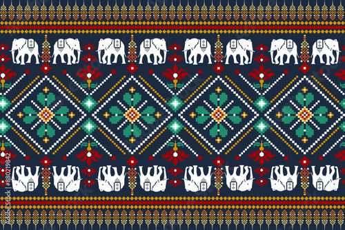 Traditional Ethnic Thai Elephant Pixel Art Seamless Pattern. Vector design for fabric, carpet, tile, embroidery, wrapping, wallpaper, and background