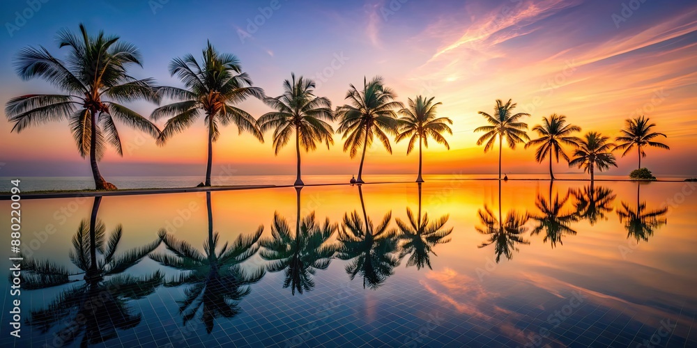 Obraz premium Serene tropical sunset with palm trees reflecting in infinity pool, tropical, sunset, palm trees, infinity pool