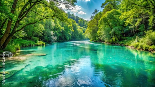 Tranquil turquoise river flowing through a lush forest on Summer Solstice Day, Peaceful, harmony, nature, summer, solstice © Sujid