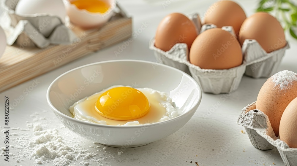 Minimalistic elegance fresh eggs and cracked eggs in bright, clean setting on white background Minimalistic elegance fresh eggs and cracked eggs in bright, clean setting on white background