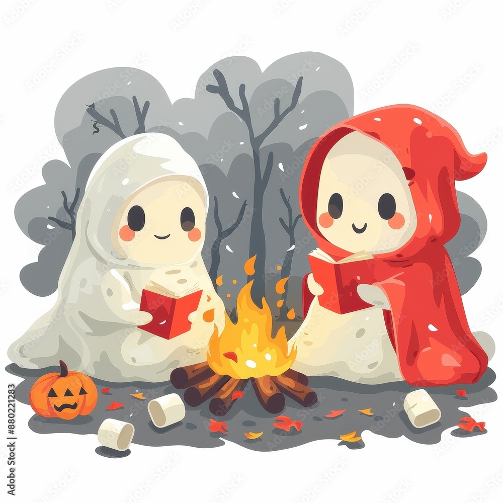 Fototapeta premium Cute Halloween ghosts in red and white cloaks, sitting by a campfire, surrounded by marshmallows and a pumpkin in a forest setting.