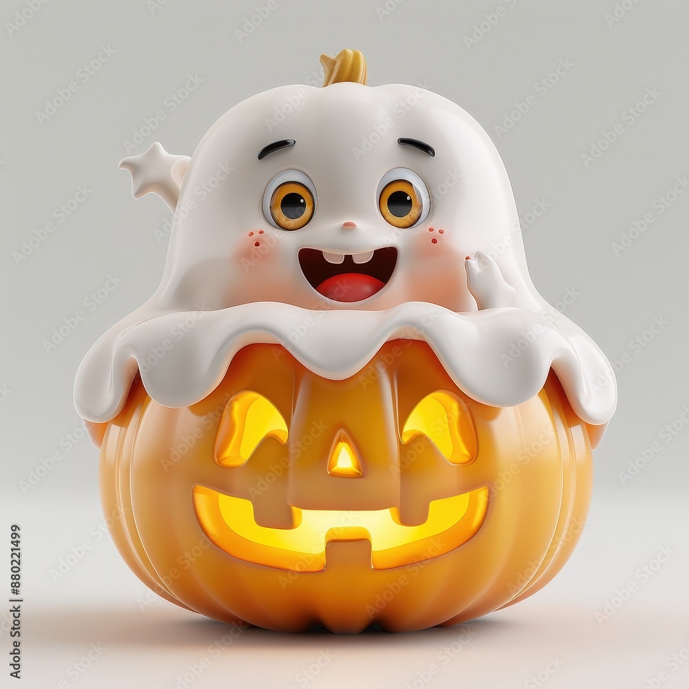 Fototapeta premium Cute ghost inside a glowing jack-o'-lantern pumpkin. Perfect for Halloween decorations and festive designs.