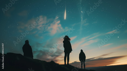 Meteor, falling star in a beautiful starry night sky. Silhouettes of people watching stars.