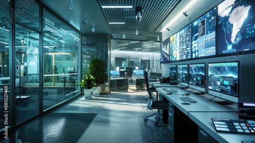 Obraz na płótnie A high-tech officea??s security hub with biometric access points and a central monitoring station with live feeds w salonie