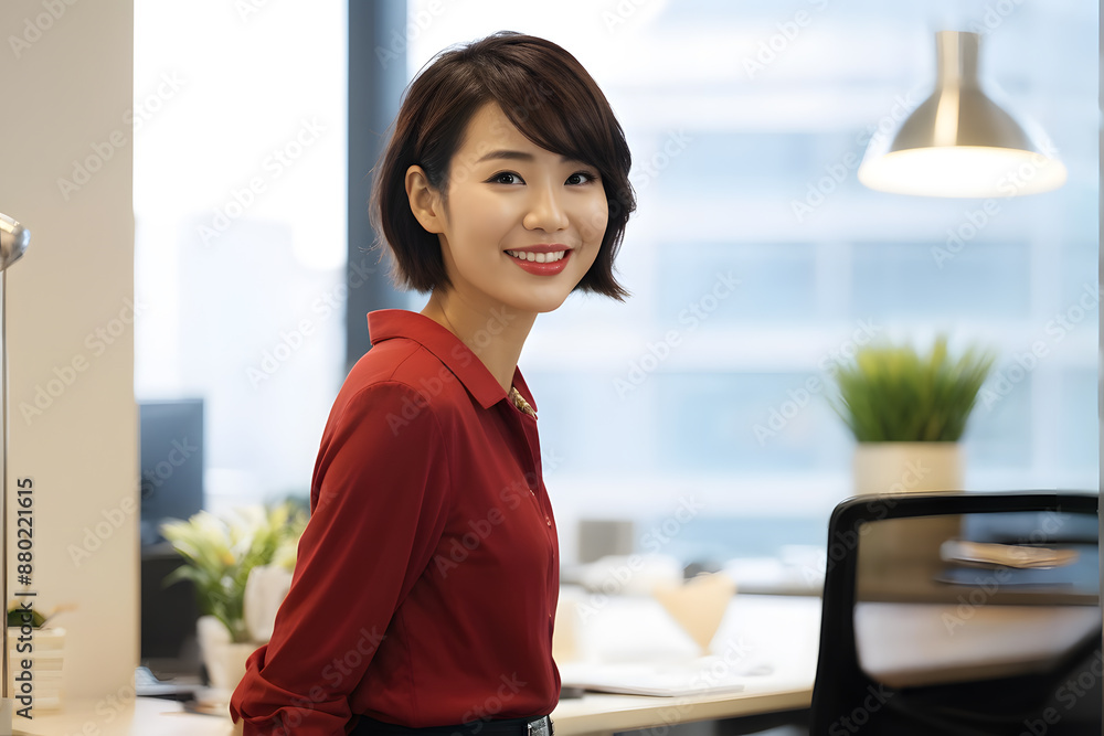 A woman in a red shirt is smiling in front of a desk with a potted plant A woman in a red shirt is smiling in front of a desk with a potted plant
