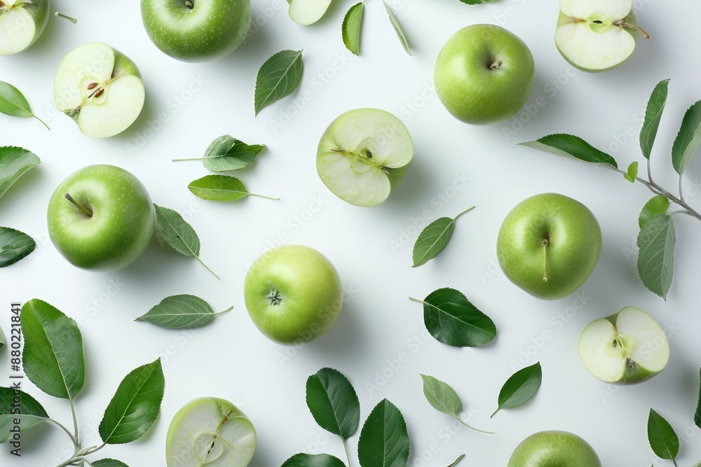 A group of green apples with leaves arranged on a white surface A group of green apples with leaves arranged on a white surface