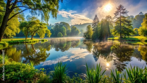 Peaceful ambiance surrounds a majestic lake with lush greenery and a misty atmosphere on a warm sunny day.