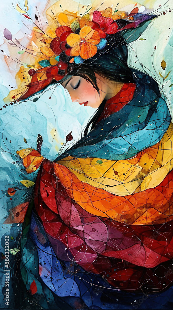 Fototapeta premium Contemporary Artistry Of A Pretty Girl in Colorful Dress and Hat With Flowers Painting on Canvas
