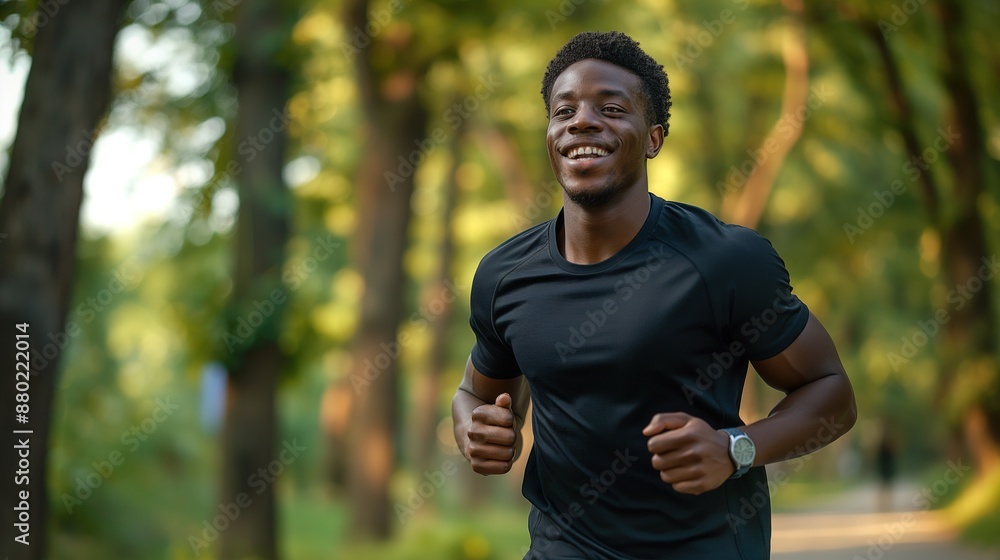 Smiling Man Running in the Park with a Watch on a Bright Day, Outdoor Fitness and Healthy Lifestyle Concept Smiling Man Running in the Park with a Watch on a Bright Day, Outdoor Fitness and Healthy Lifestyle Concept