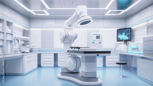 Advanced robotic vet equipment in a sleek, futuristic clinic