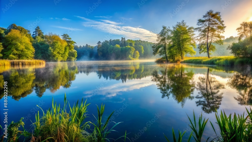 Peaceful misty morning scene with lush greenery surrounding calm transparent lake reflections beneath a soft blue serene sky. Peaceful misty morning scene with lush greenery surrounding calm transparent lake reflections beneath a soft blue serene sky.