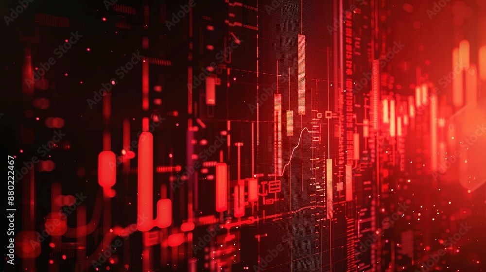 Abstract digital chart background featuring a red stock business graph, symbolizing bankruptcy, loss, and recession in finance, as well as economic crash and crisis.