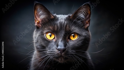 Mysterious black cat's bright yellow eyes pierce through darkness, whiskers twitching, against a deep dark monochromatic background atmosphere.