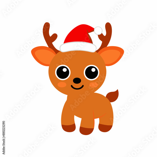 a Funny Christmas Baby Reindeer with Santa Claus Hat Clipart vector art illustration