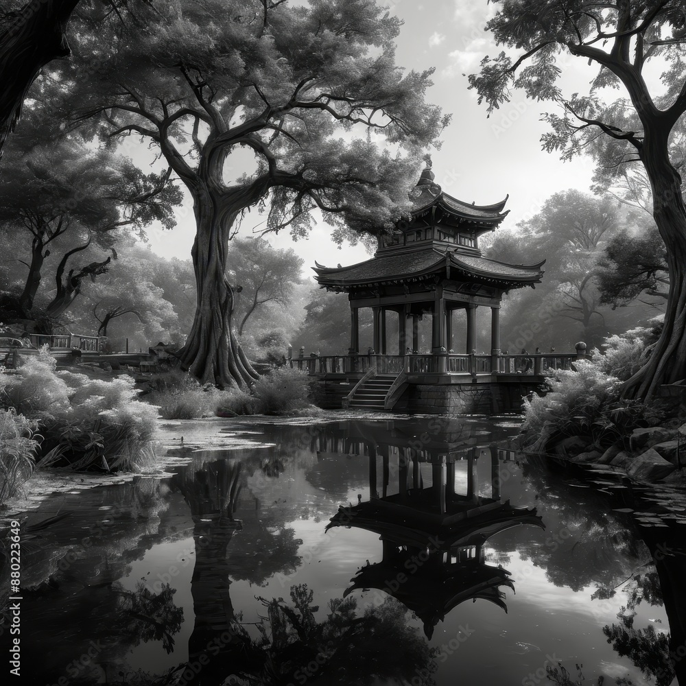 Obraz premium Tranquil Pagoda Reflection in a Serene Forest Pond.