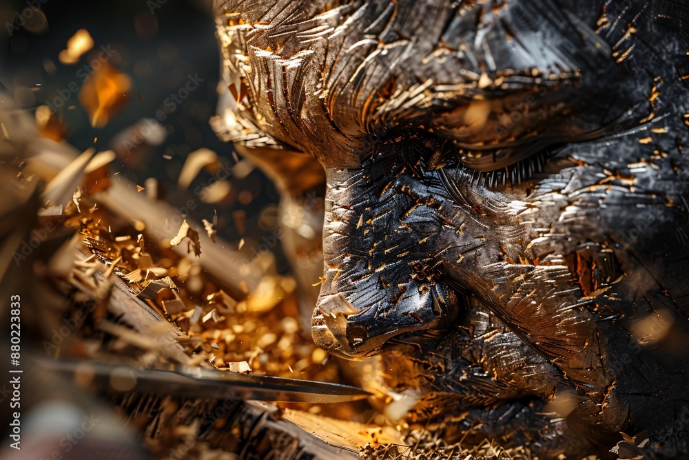 Fototapeta premium Intricate sculpture process with close-up on a woodworker's detailed carving in vivid, dynamic motion, capturing artistic craftsmanship.