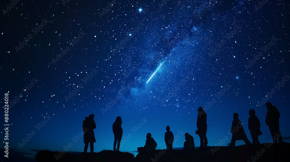Meteor, falling star in a beautiful starry night sky. Silhouettes of people, tourists, watching stars. Meteor, falling star in a beautiful starry night sky. Silhouettes of people, tourists, watching stars.