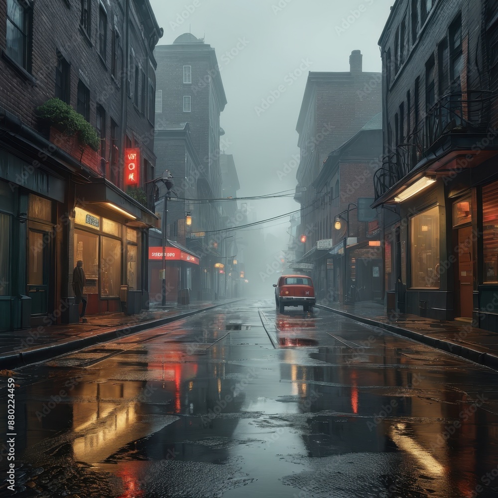 Obraz premium Foggy City Street with Red Car.