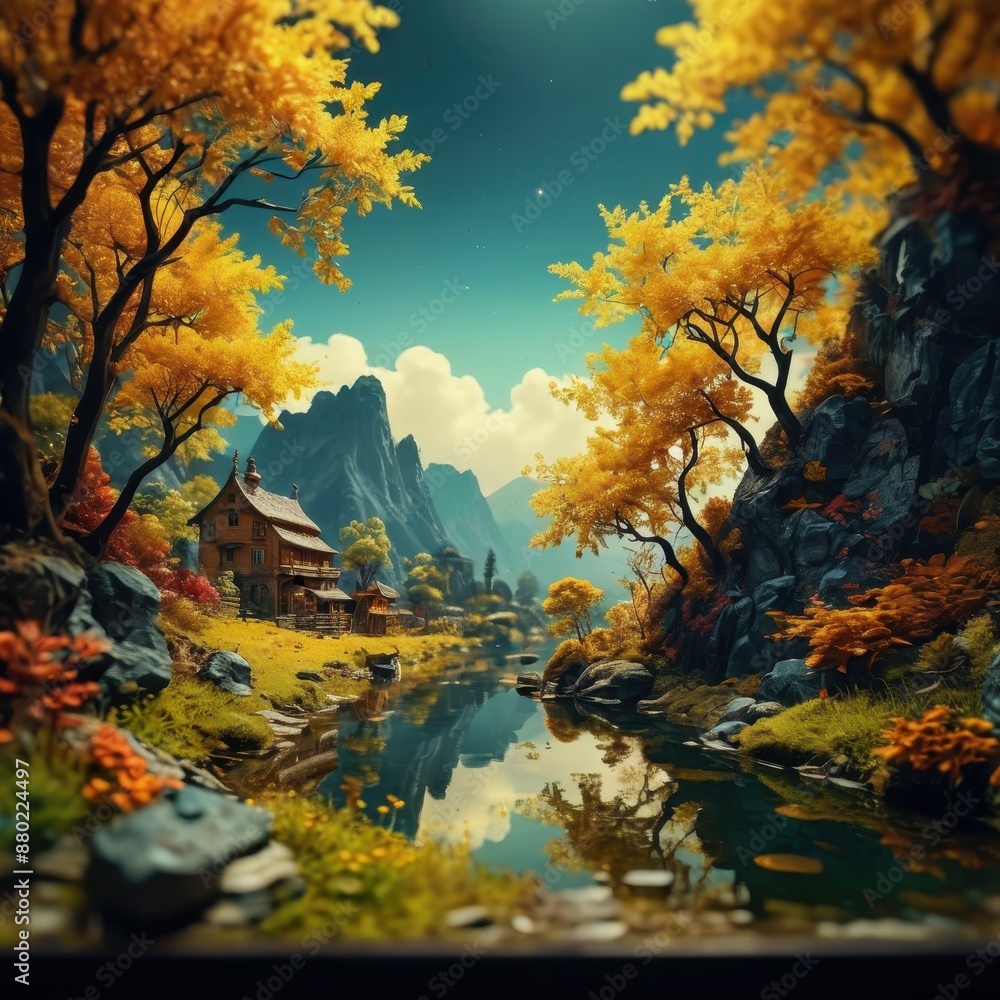 Obraz premium Cottage in a Mountain Valley with Autumn Trees.