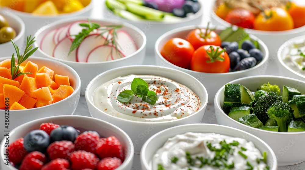 Stylish presentation of vibrant fruit salads and vegetable dips on white backdrop Stylish presentation of vibrant fruit salads and vegetable dips on white backdrop