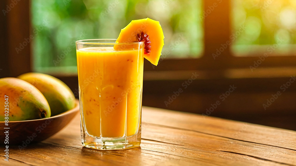 glass of mango juice with sliced fresh mangoes on wood glass of mango juice with sliced fresh mangoes on wood
