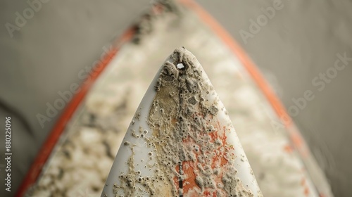 Macro shot of an old surfboard s nose photo