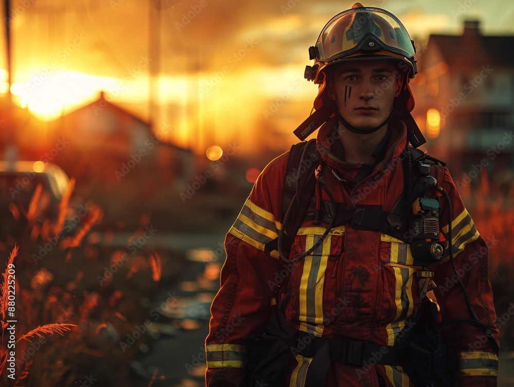 Firefighter in Full Gear at Sunset. Firefighter in Full Gear at Sunset.