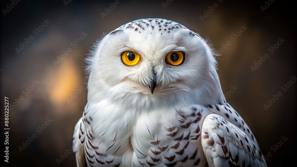 Magnificent white Snowy owl with piercing yellow eyes and soft feathers perched on a transparent isolated background in stillness. Magnificent white Snowy owl with piercing yellow eyes and soft feathers perched on a transparent isolated background in stillness.