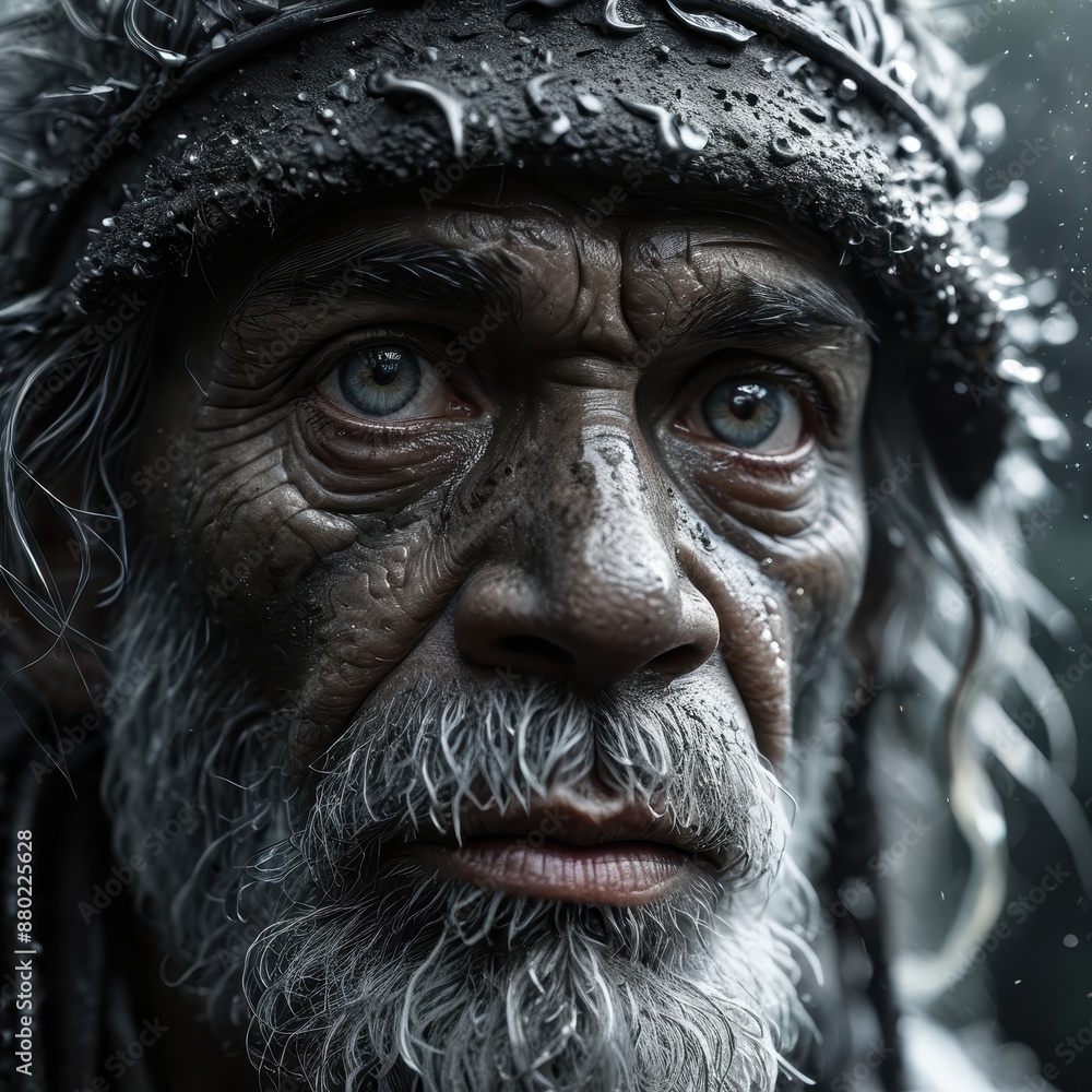 Close Up Portrait of an Old Man with White Beard and Blue Eyes.