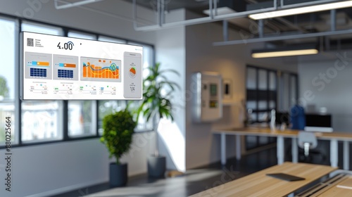 A modern officea??s energy hub with a dashboard displaying the buildinga??s energy consumption and solar panel output photo