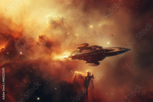 A spaceship flying through a nebula